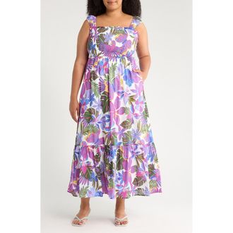 Sugarlips Evren Tropics Tayla Smocked Cotton Sundress in Blue/Pink at Nordstrom, Size 3 X