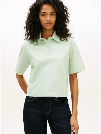 Tommy Hilfiger Womens Relaxed Fit Script Monogram Pique Polo - Green - XL