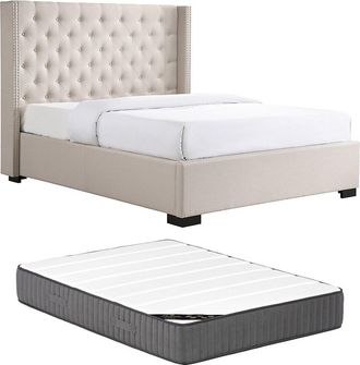 Vente-Unique Cama 160 x 200 cm con cabecero capiton&eacute; - Tela - Beige + Colch&oacute;n - MASSIMO