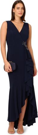 Adrianna Papell Womens Studio Ruffle Flounce Jersey Gown - Blue - Size 8 UK