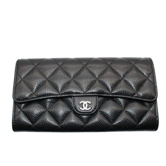 Chanel Matelasse Black Grained Calfskin Long Wallet (Bi-Fold) (Pre-Owned)
