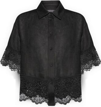 Elena Miro Linnen blouse met kant - Dames - Overhemden - Zwart - 2XL - Linnen - Overhemden