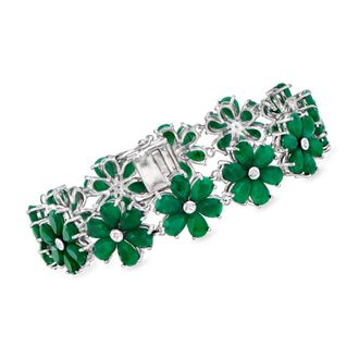 Ross-Simons Emerald and. Diamond Flower Bracelet in Sterling Silver