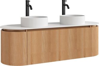 Vente-Unique Mueble de ba&ntilde;o suspendido estriado con doble lavabo sobre encimera redondo estriado y grifo - Natural claro - An. 150 cm - LILIKO