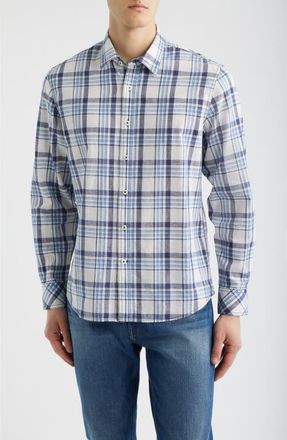 James Campbell Plaji Regular Fit Plaid Cotton & Linen Button-Up Shirt in Blue at Nordstrom, Size Xx-Large