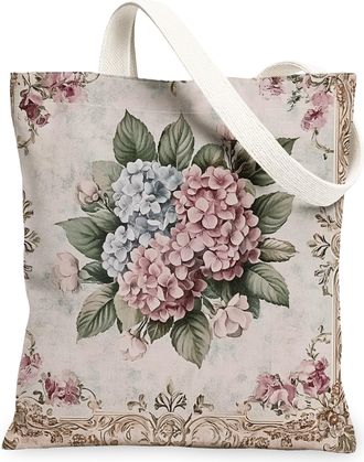 Generic Spring Aesthetic Hydrangea Canvas Tote Bag for Shopping 13x15, Vintage Retro Floral Reusable Grocery Print Bag for Women Men, Abstract Flower Aestheti