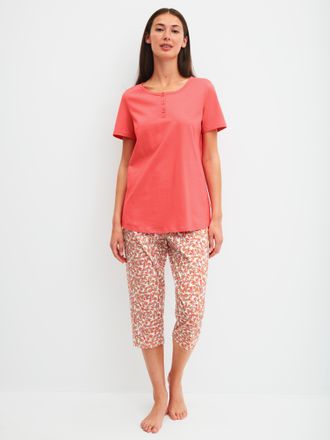 CALIDA Capri-Pyjama CALIDA Flower Nights, Damen, Gr. XS (36/38), rose of sharon, Single Jersey, Obermaterial: 100% Baumwolle, bequem 3/4-L&auml;nge, Rundhals, Hom