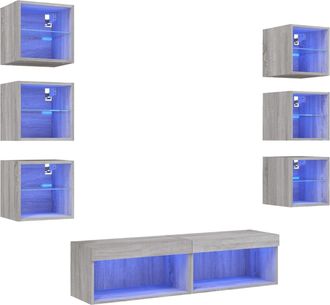 vidaXL Vidaxl - Mobili Tv A Muro Con Led 8pz Grigio Sonoma Legno Multistrato