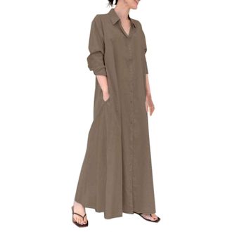 Generic Womens Casual Button Down Cotton Linen Long Shirt Dress with Pockets Maxi Dress with Sleeves Formal (Coffee, XXL)