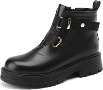 Generic Womens Ankle Boots PU Leather Double Buckle Straps Side Zipper Thick Platform Soles Round Toe Slip On Soft Lining Cushioned Insole Durable Outsole,Bla