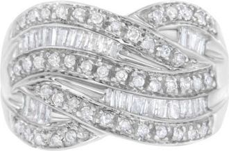 House of Brilliance Silver 1.0 Cttw Round and Baguette Diamond Cross Over Ring Band at Nordstrom, Size 7