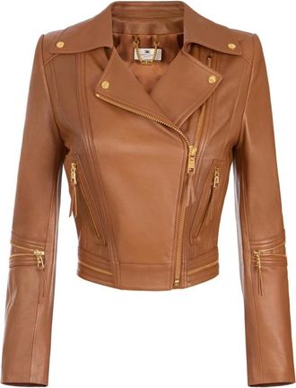 Elisabetta Franchi Jassen, Dames, Bruin, XL, Leer, Zipped Biker Jacket
