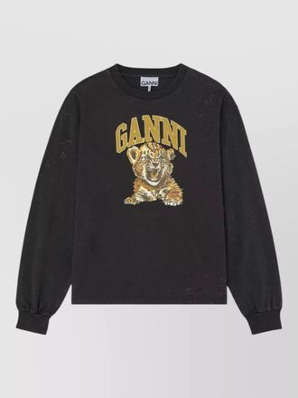 Ganni crew neck tiger graphic long sleeve top