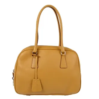Prada Bauletto Saffiano Leather Beige Leather Handbag (Pre-Owned)