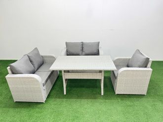 Fimous High Back Poly Rattan Garden Furniture Set with Reclining Chair Loveseat Sofa Rectangular Dining Table Indoor Outdoor Patio Set Light Grey