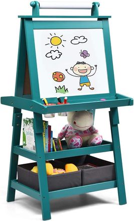 Costway Costway - Pizarra De Doble Cara Para Ni&ntilde;o Caballete De Infantil Tablero De Pie Con 2 Cajas De Almacenamiento,rollo De Papel Y Estantes (azul)