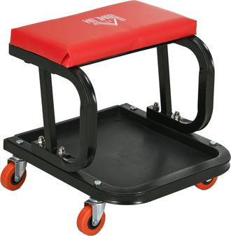 HOMCOM Workshop Stool - Rolling Mechanic Stool with 360 Degree Swivel - Red | TJ Hughes