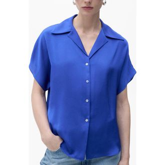 Mango Short Sleeve Satin Button-Up Shirt in Night Blue at Nordstrom Rack, Size 16 (Similar To 16W-18W)