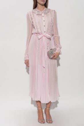 Self Portrait Pleated Dress With Shimmering Embellishments On The Collar, Womens, Pink