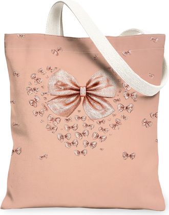 Generic Elegant Peach Canvas Tote Bag, Vintage Bow Heart Design Reusable Grocery Bags, Lightweight Washable Shoulder Strap Canvas B, Peach, 13x15 Inch