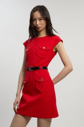 Karen Millen Womens Petite Textured Compact Stretch Tailored Belted Mini Dress - Red - Size 16 UK
