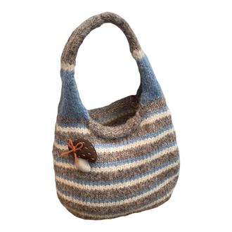 Generic Japanese Style Knitted Wrist Bag, Cute Mushroom Design Retro Bucket Handbag for Women, Soft Polyester Mini Crossbody Shoulder Bag(Blue)