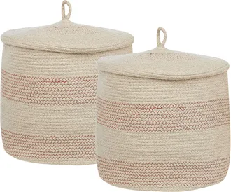 Beliani Conjunto De 2 Cestas De Algod&oacute;n Beige Claro Rosa 32 Cm A Rayas Tapa Silopi