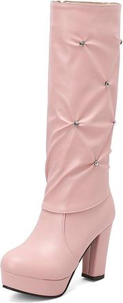 Generic Womens Block High Heel Platform Round Toe Knee High Boots Side Zipper Rhinestones Decor Elegant Casual Winter Shoes (5.5,Pink)