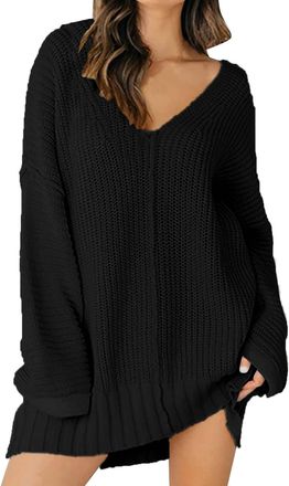 Generic Womens Sweater Dress Long Sleeve | Jumper Dress For Women Uk Plus Size Winter Dresses V Neck Jersey Dresses Loose Fit Knitted Dress Pullover Mid Lengt