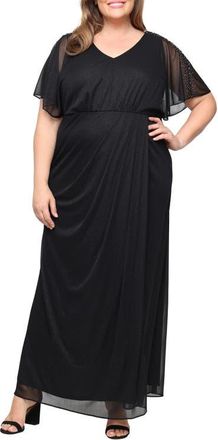 S.L. Fashions Glitter Mesh Maxi Dress in Black at Nordstrom, Size 18W