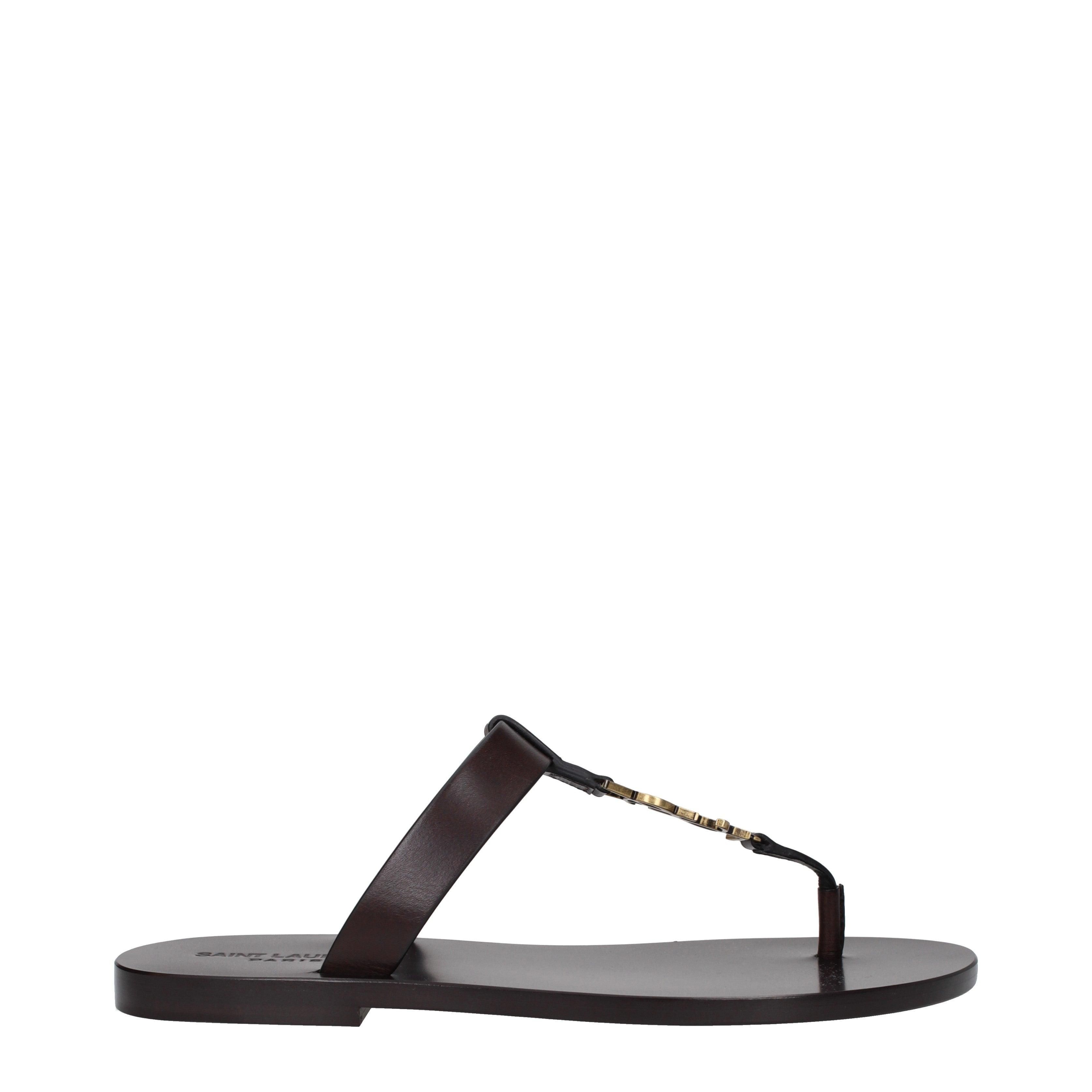 【Saint Laurent】TRIBUTE 05 FLAT S◆571952B8I00 Tribute Nu Pieds 05 leather slides in brown - Saint Laurent