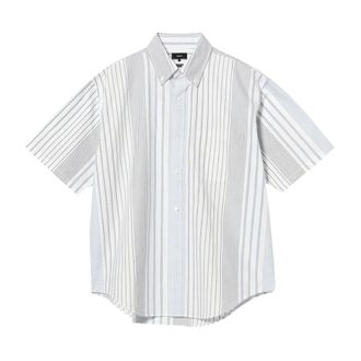 Beams Plus Oxford Button Down Overhemd Multi Gestreept - Heren - Korte mouwen Overhemden - Wit - L - Katoen - Overhemden