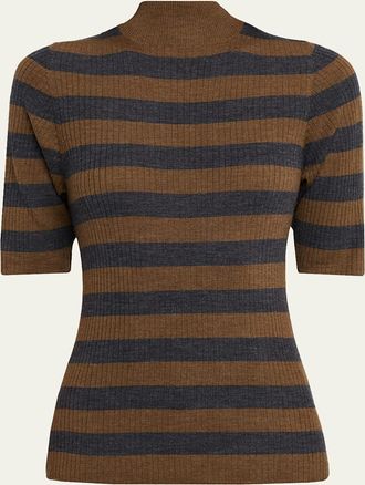 Majestic Filatures Striped Rib Knit Merino Wool Mock-Neck