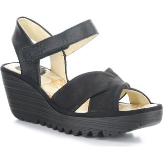 FLY London Yorg Ankle Strap Platform Wedge Sandal in Black at Nordstrom, Size 10-10.5Us