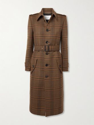 Saint Laurent Trench In Lana A Quadri Con Cintura - Marrone