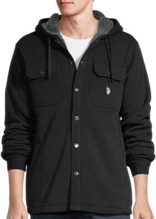 U.S.Polo Association U. S. Polo Assn. Shacket Mens Black Sherpa Fleece Hooded Button Front GBO2819