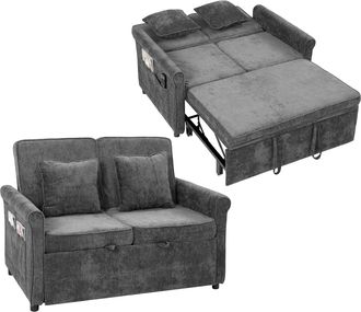 HOMCOM Homcom Sof&aacute; Cama 2 Plazas 3 En 1 De Chenilla Con Respaldo Ajustable 5 Niveles, Bolsillos Laterales, 2 Almohadas Con Cojines Para Sal&oacute;n, Gris