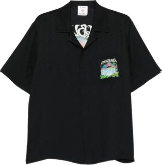 Casablanca Degrade Monogram Short Sleeve Linen Shirt - Heren - Korte mouwen Overhemden - Zwart - M - Linnen - Overhemden