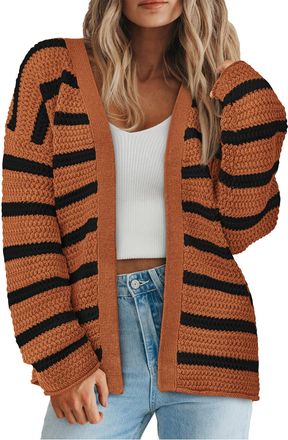 PrettyGarden Womens 2024 Fall Striped Open Front Cardigan Sweaters Chunky Knit Long Sleeve Loose Trendy Winter Cardigans, Striped Brown Black, M