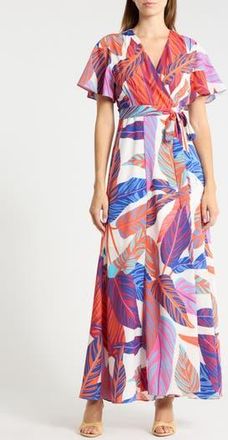 Hutch Flutter Sleeve Maxi Wrap Dress in Wild Sunset Tropical at Nordstrom Rack, Size X-Small