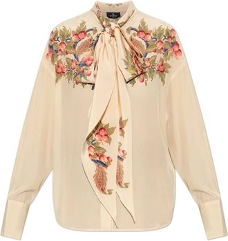 Etro Overhemden, Dames, Beige, XS, Zijden Blouse met Bloemendessin