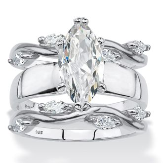 Palm Beach Jewelry 2.91 Cttw. CZ Sterling Silver 3-Piece Solitaire Vine Wedding Ring Set