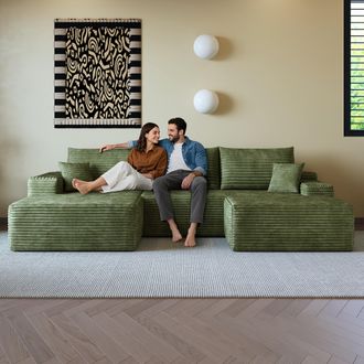 STILVORA Divano Modulare 4 Posti In Velluto A Coste Con Seduta Profonda E Chaise Longue Sinistra, Senza Montaggio, Verde