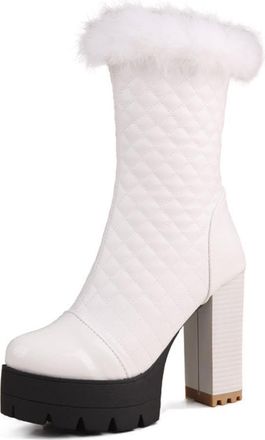 Generic Womens Fashion Mid-Calf Boots Faux Leather Quilted Design Furry Cuff Block Heels Comfortable Anti-Slip Wear-Resistant For Winter Daily Outings Casual,