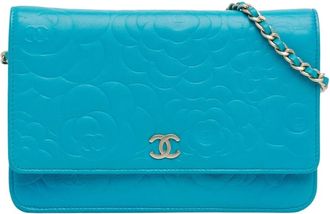Chanel Pre-owned Lambskin Camellia Embossed Wallet On Chain - Dames - Vintage Schoudertas - Blauw - ONE Size - Leer - Vintage