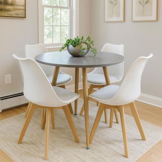 Kosy Koala Dining Table & 4 Chairs Grey Round Table With 4 White Plastic Chairs Dining Room Furniture in Brown