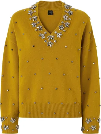 Pinko Mustard Brown Crystal V-Neck Wool-Cashmere Sweater