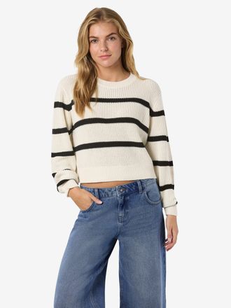 Noisy May Strickpullover NOISY MAY NMMAYSA L/S STRIPE O-NECK KNIT NOOS, Damen, Gr. XL, schwarz (eggnog stripes:schwarz), Strick, Obermaterial: 50% Baumwolle, 50