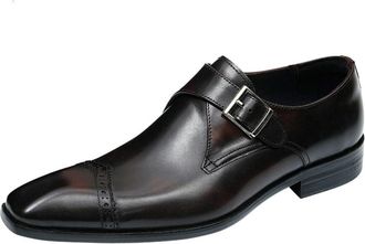 Generic Mens Low Block Heel Monk Strap Dress Shoes Square Pointed Toe Loafers Slip on Business Flat Loafers,Brown,6.5 UK