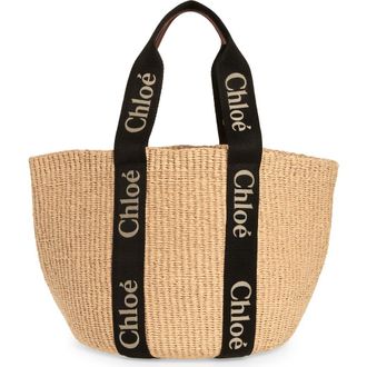 Chlo&eacute; Large Woody Straw Basket Tote in Black-Beige 1 at Nordstrom